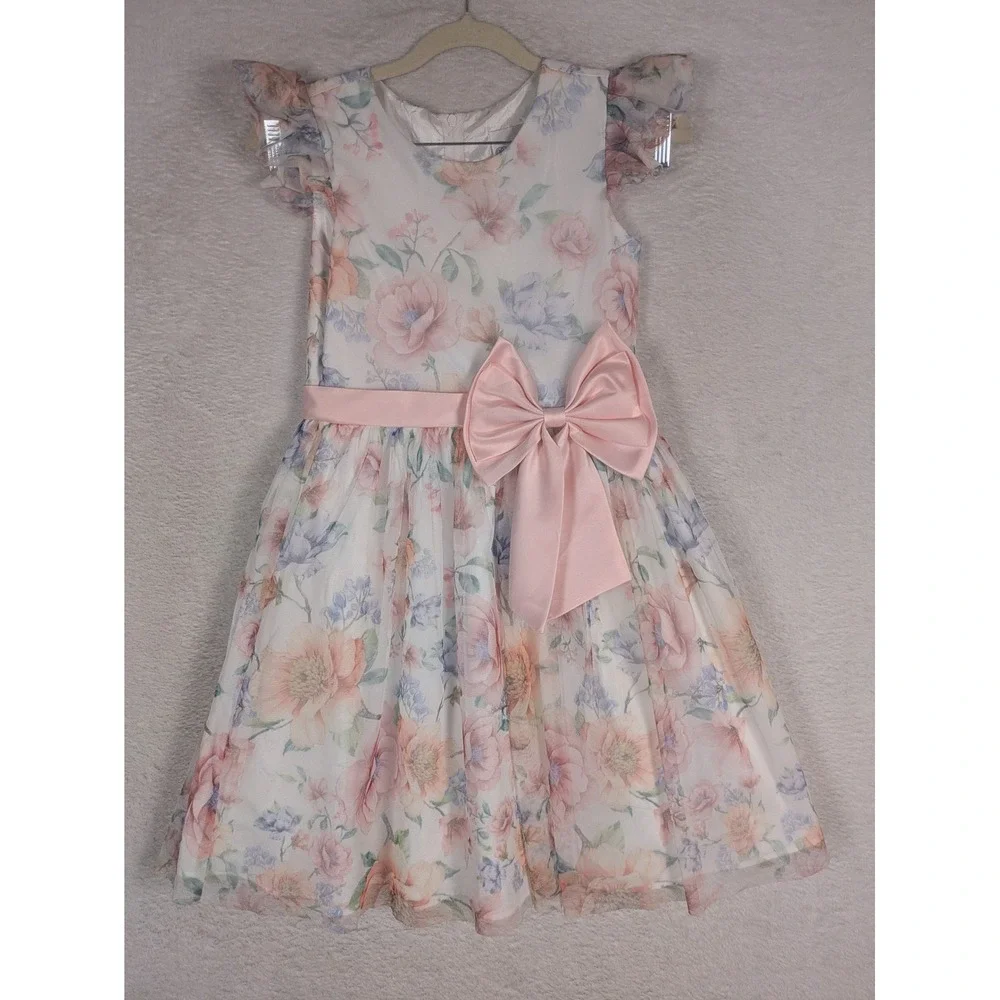 Rare Edition Dress Girl's 10 White Floral Flutter Sleeve Oversized Bow Tulle